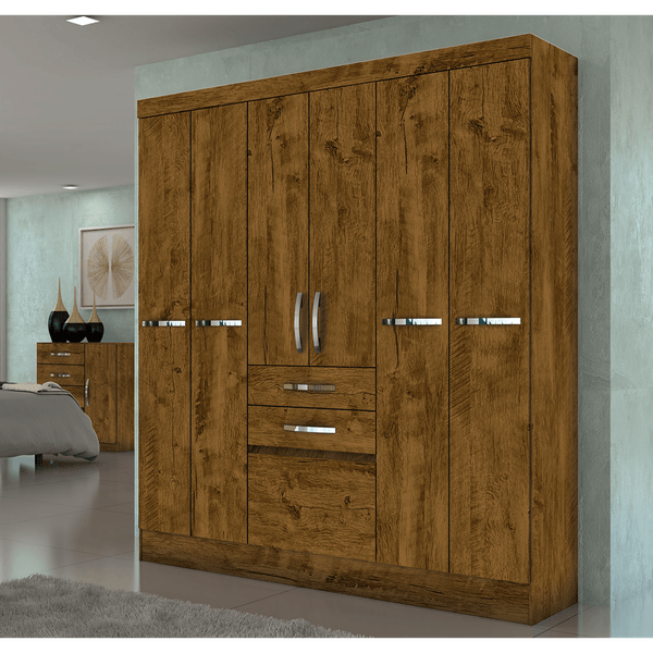 Guarda-roupa 6 Portas 2 Gavetas e Sapateira - Moval Mafra Castanho Wood