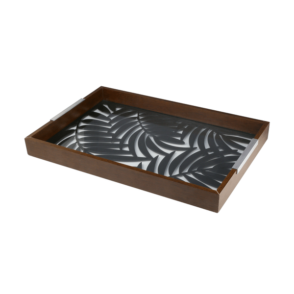 Bandeja de Madeira com Vidro WoodArt Leaves 47x32x5cm cor Preta