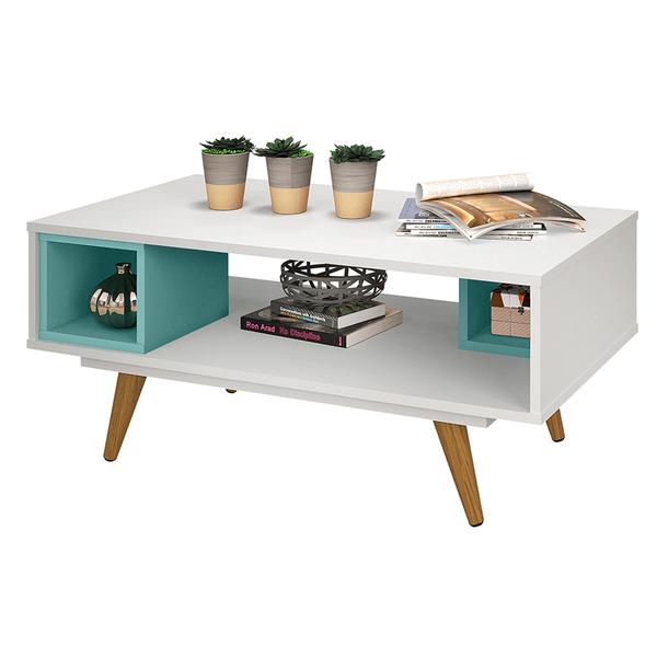 Mesa de Centro em MDP/MDF, 4 Pés de Madeira, 1 Prateleira Interna - 45 Retrô Branco / Turquesa