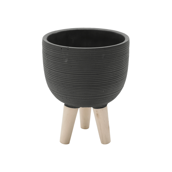 Vaso Decorativo Round Stripes da Urban, Pé de Madeira, Concreto, Preto - 42760