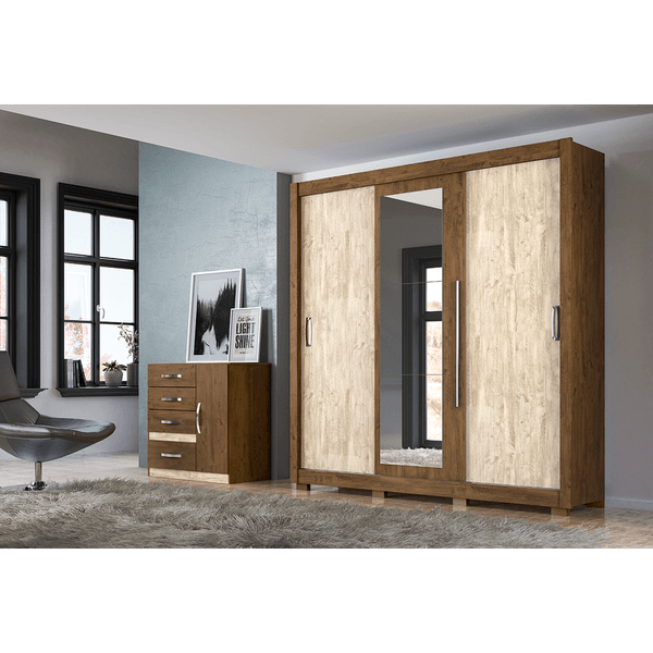 Guarda-Roupa Casal em MDP, com Espelho, 3 Portas, 3 Gavetas, 8 Pés - Montreal Plus Castanho Wood / Avelã Wood