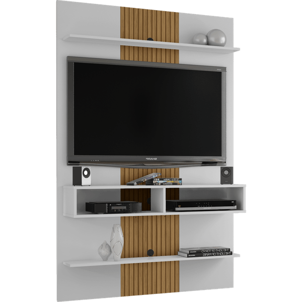 Painel para TV de até 47'', em MDP, 4 Prateleiras, 2 Nichos - Vega Branco/Ripado