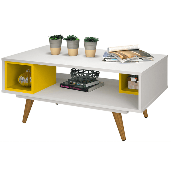 Mesa de Centro em MDP/MDF, 4 Pés de Madeira, 1 Prateleira Interna - 45 Retrô Branco / Amarelo