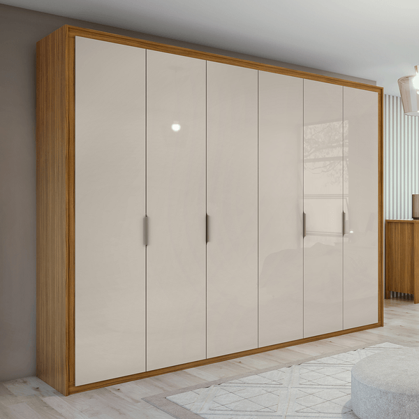 Guarda-roupa em MDF, 6 Portas, 6 Gavetas, Com Puxador - Stillus Rovere Naturale / Off White