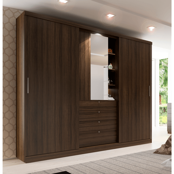 Guarda-roupa em MDP 3 Portas, 4 Gavetas, Espelho com Luz - Carraro Zeus Ébano