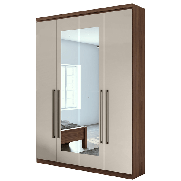 Guarda-roupa em MDF, Com Espelho, 04 Portas, 02 gavetas, 02 Prateleiras - Alonzo New Imbuia Naturale / Off White