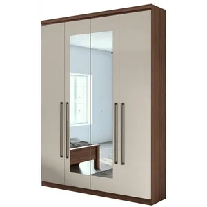 Guarda-roupa em MDF, Com Espelho, 04 Portas, 02 gavetas, 02 Prateleiras - Alonzo New Imbuia Naturale / Off White