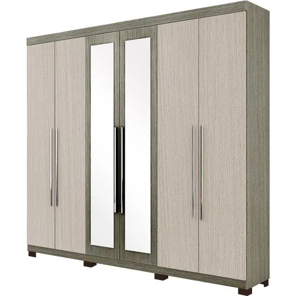 Guarda-roupa 6 Portas 3 Gavetas com Espelho e Pés - Moval Tunísia Carvalho / Avelã