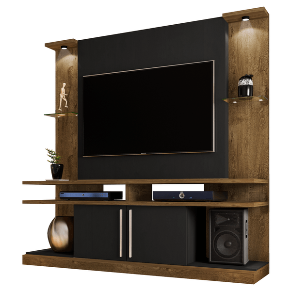 Estante Home para TV até 55'' com LED, MDP, 2 Portas, 3 Prateleiras - Home York Madeira Rústica / Preto Fosco