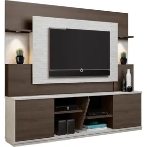 Estante Home, 2 Luminárias LED, Portas Deslizantes - BelaFlex Milano Branco Pérola / Cacau