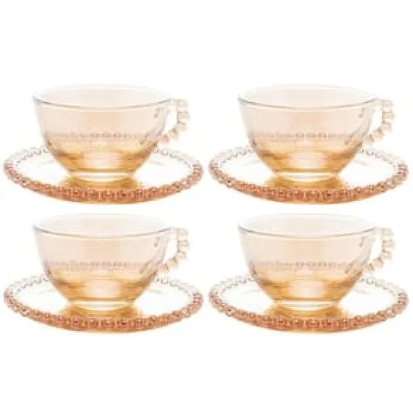 Conjunto com 4 Xícaras e Pires para Chá Wolff Pearl em Cristal Âmbar - 180 ml