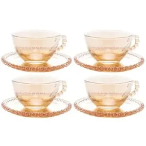 Conjunto com 4 Xícaras e Pires para Chá Wolff Pearl em Cristal Âmbar - 180 ml