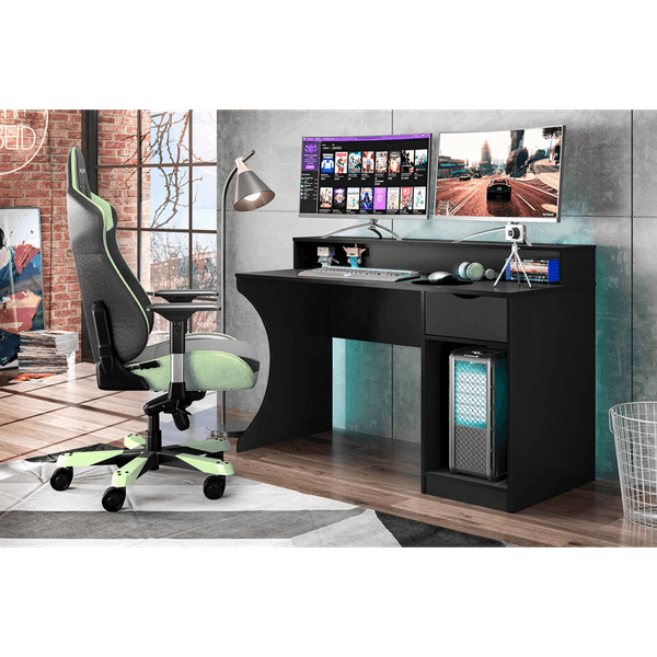 Mesa Gamer para Computador em MDP/MDF, Com Nicho, 1 Gaveta - Safira Preto