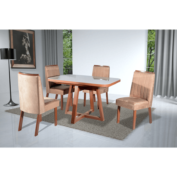 Mesa de Jantar Anita com 4 Cadeiras em MDF Tampo com Vidro Bom Pastor Amêndoa / Off White / Bege