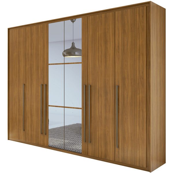 Guarda-roupa em MDF, Com Espelho, 6 Portas, 6 Gavetas - Reali New Rovere Naturale