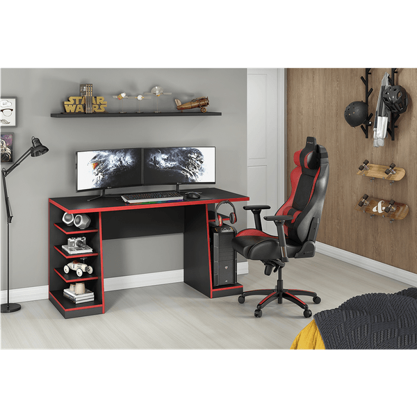 Mesa Gamer para Computador em MDP, 4 Prateleiras, Suporte para Headset - NT2020 Preto / Vermelho