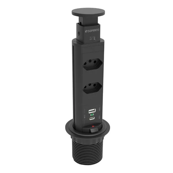 Torre de Tomada Retrátil 2 Tomadas 10A+USB-A e C Bivolt Soprano Torre de Tomada Retrátil com 2 Tomadas 10A + USB-A + C Bivolt Preta
