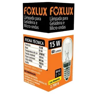 Lâmpada Incandescente Geladeira e Micro-ondas Luz Amarela E14 FoxLux Lâmpada Incandescente Geladeira e Microondas 15W E14 Luz Amarela 220V