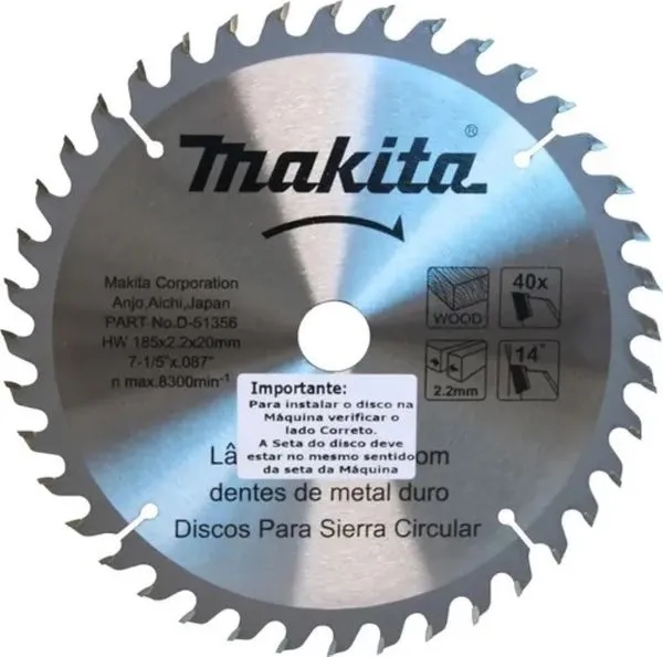 Disco de Serra Circular 7.1/4" 185x20mm com 40 Dentes D-51356 Makita