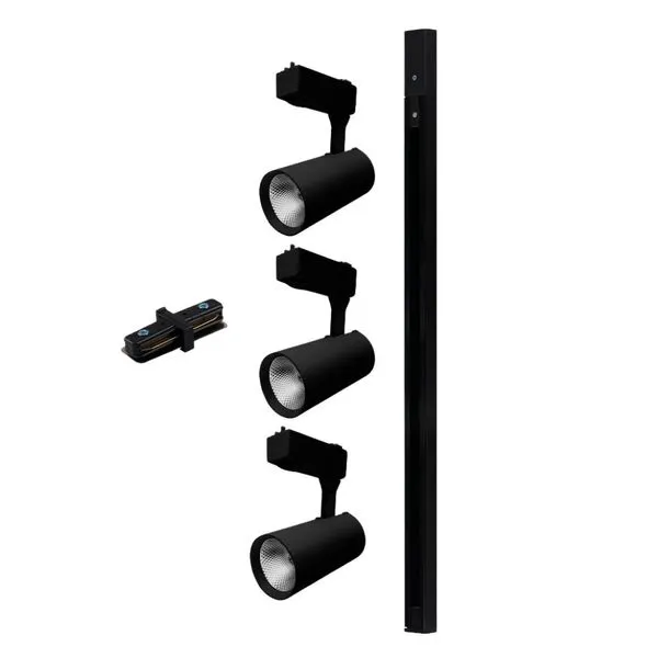 Kit Trilho Preto com 3 Spots LED 7W Kian Kit Trilho Preto com 3 Spots LED 7W 490 Lúmens Luz Amarela