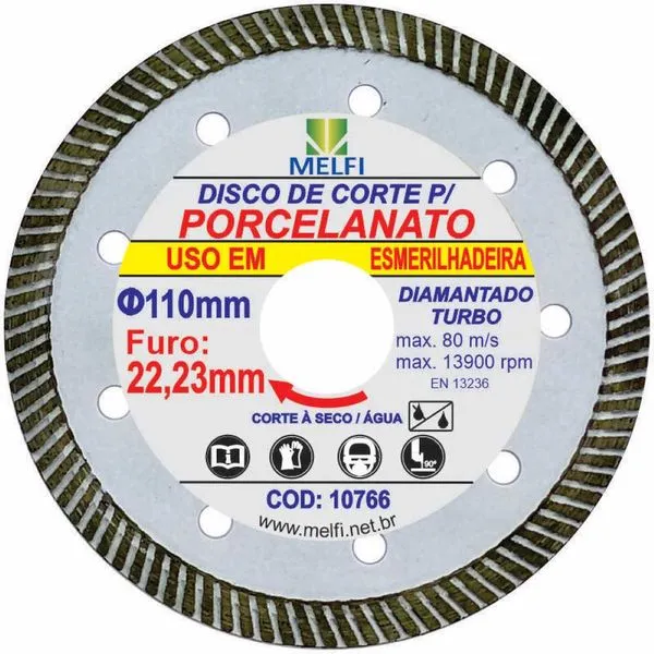 Disco Diamantado Turbo para Porcelanato Melfi Disco Diamantado Turbo p/Porcelanato 4.3/8" 110x22,23mm Melfi