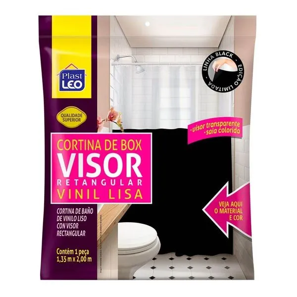 Cortina para Box Retangular Vinil com Visor 1,35x2m Plast-Leo Cortina para Box Vinil Lisa Visor Retangular 1,35x2m Preta