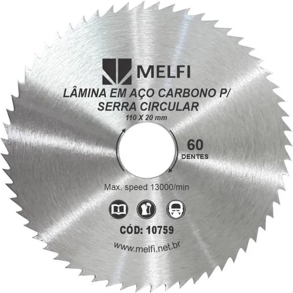 Lâmina para Serra Circular 4.3/8" (110mm) 60 Dentes Melfi Lâmina de Aço Carbono para Serra Circular 4.3/8" (110mm) 60 Dentes