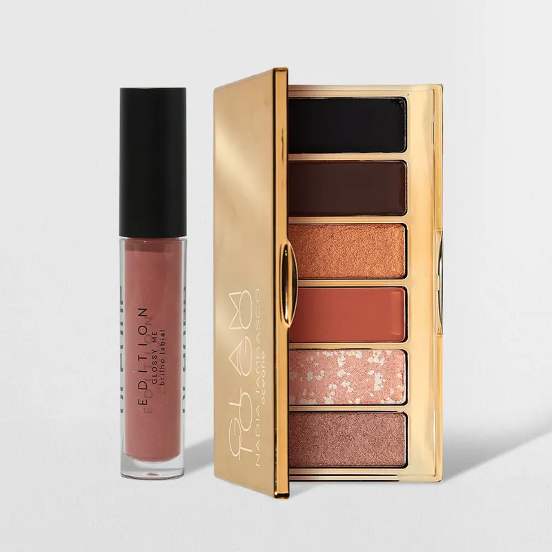Kit Paleta de Sombras Glam To Go + Brilho Labial Shimmer Brown (2 Produtos)