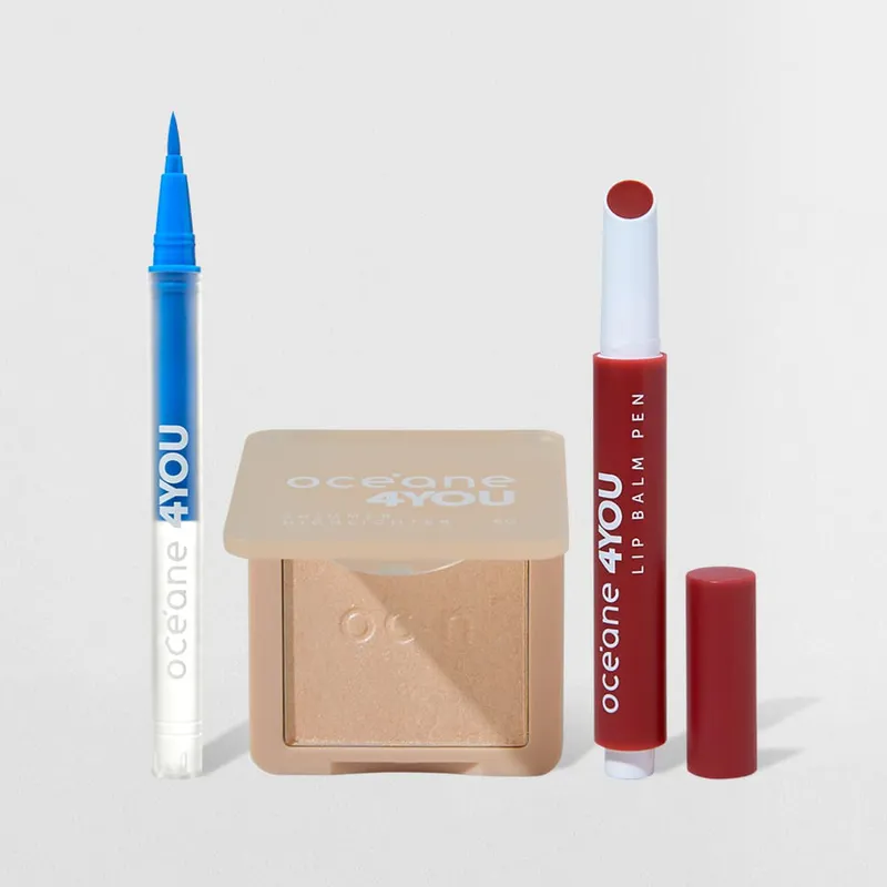 Kit Caneta Delineadora Azul + Hidratante Labial Cereja + Iluminador Facial Pelorado 4you (3 Produtos)