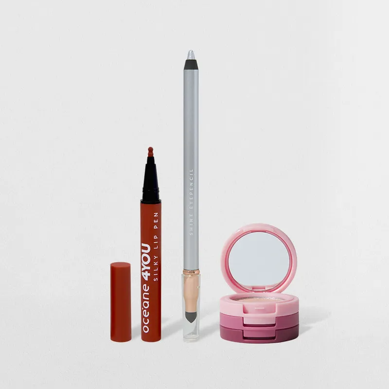 Kit Trio de Sombras Rose Sparkle + Lápis para Olhos Prata + Caneta Batom Nude 4you (3 Produtos)