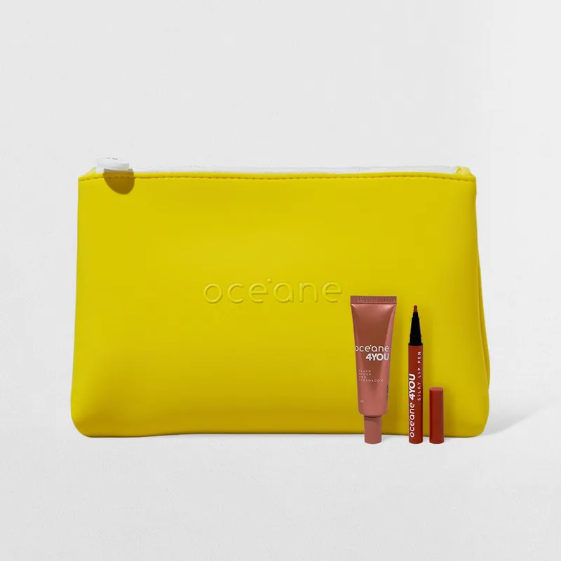 Kit Caneta Batom Nude + Blush Líquido Coral + Nécessaire Neoprene Amarelo 4you (3 Produtos)