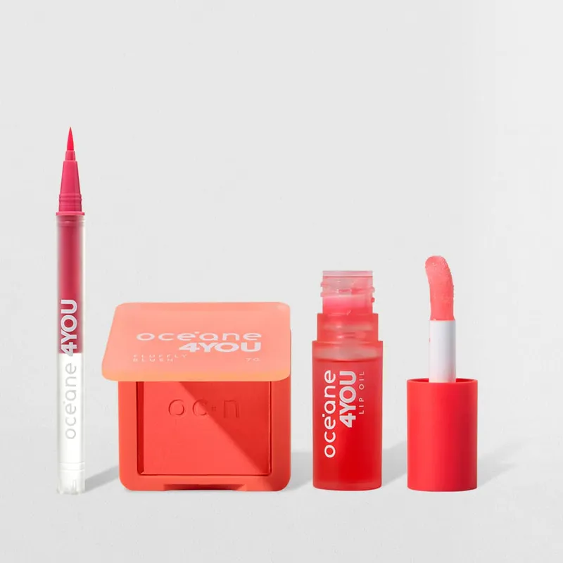 Kit Blush Cremoso Pêssego + Caneta Delineadora Rosa + Mini Lip Oil 4you (3 Produtos)