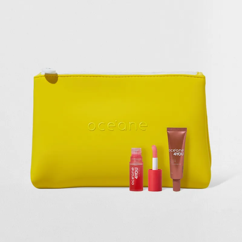 Kit Lip Oil Rosa + Blush Líquido Coral + Nécessaire Neoprene Amarelo 4you (3 Produtos)
