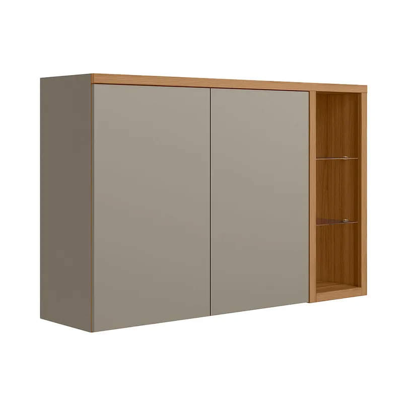 Armário Aéreo Allure para Cozinha 2 Portas e 2 Prateleiras Natural e Cinza 1,20m