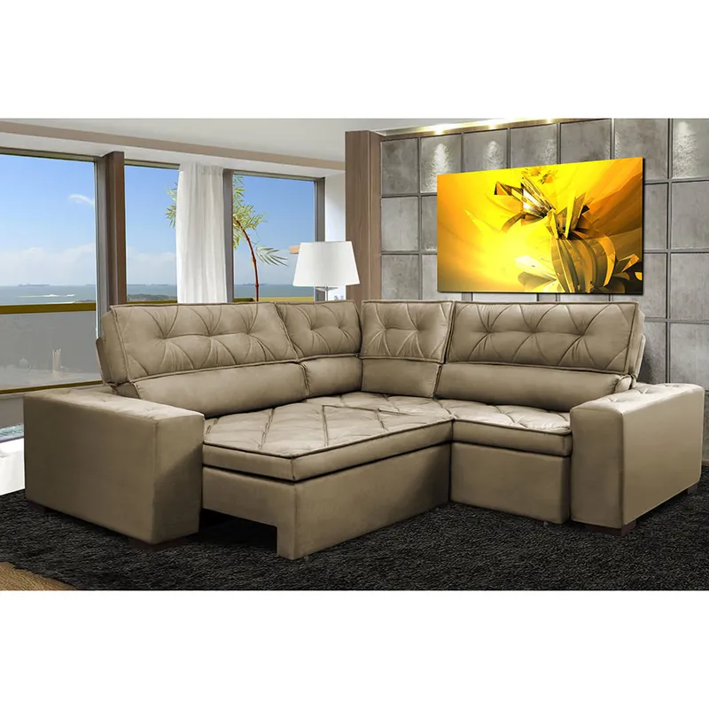 Sofa de Canto Retrátil e Reclinável com Molas Agnus 2,60m x 2,60m Suede Velupluma Castor