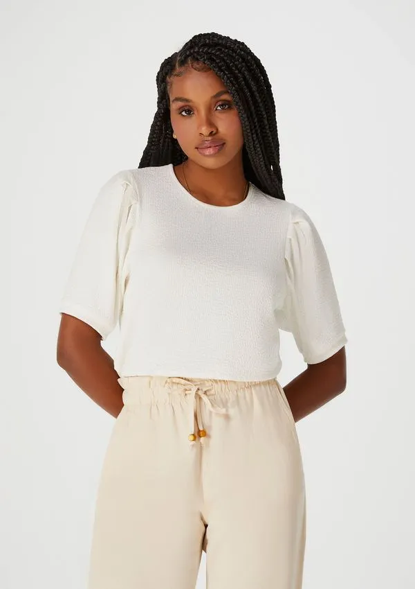 Blusa Cropped Feminina Manga 3/4 Texturizada - Off white P