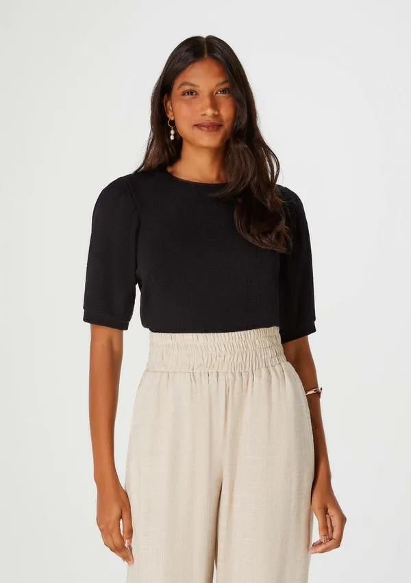 Blusa Cropped Feminina Manga 3/4 Texturizada - Preto G