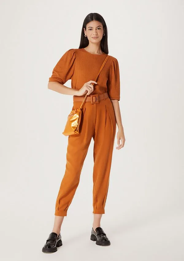 Blusa Feminina Cropped Manga 3/4 - Marrom M