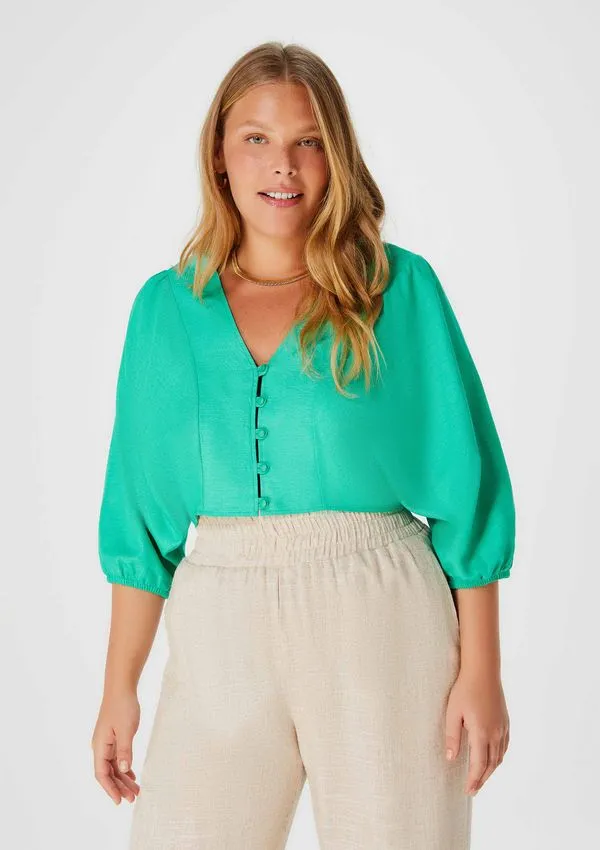 Blusa Feminina Manga Bufante Com Botões - Verde G