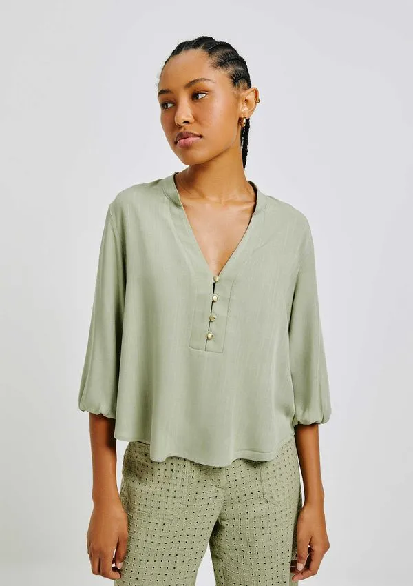 Blusa Básica Feminina Manga 7/8 Bufante - Verde XG