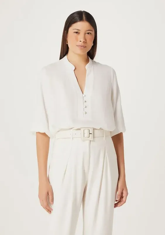 Blusa Feminina Reta Manga Bufante Flamê - Branco G