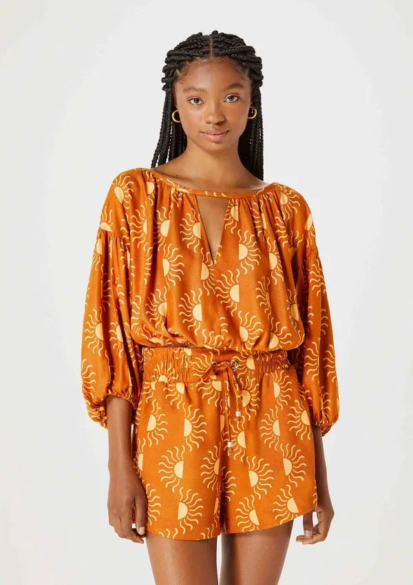 Blusa Feminina Estampada Manga 7/8 - Marrom G