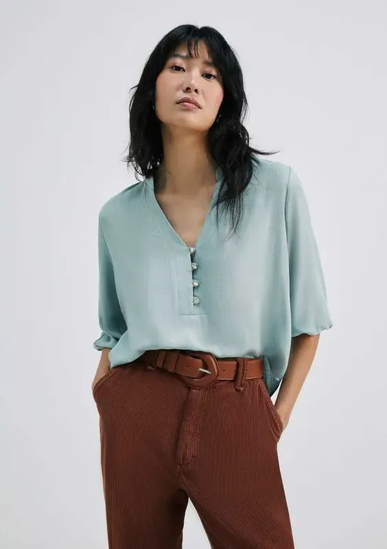 Blusa Básica Feminina Manga 7/8 Bufante - Verde P