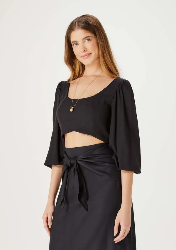 Blusa Cropped Feminina Manga Bufante - Preto M