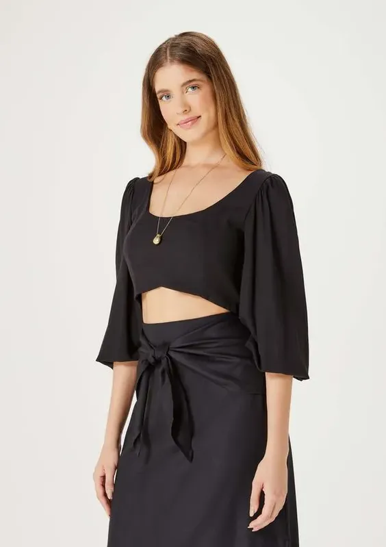 Blusa Cropped Feminina Manga Bufante - Preto M