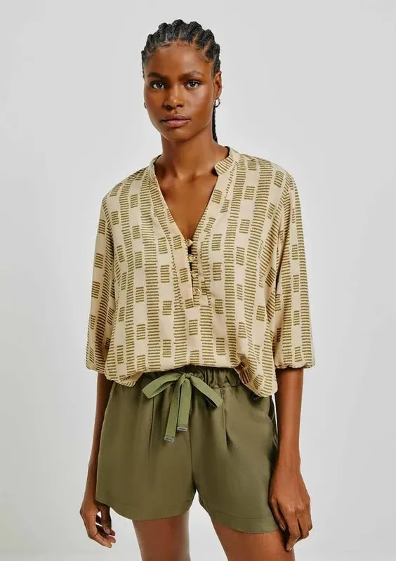 Blusa Feminina Estampada Decote V Manga Bufante - Bege G