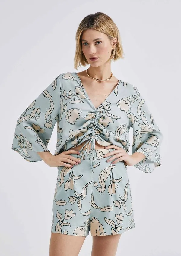 Blusa Feminina Estampada Com Franzidos Em Viscolinho - Verde XG