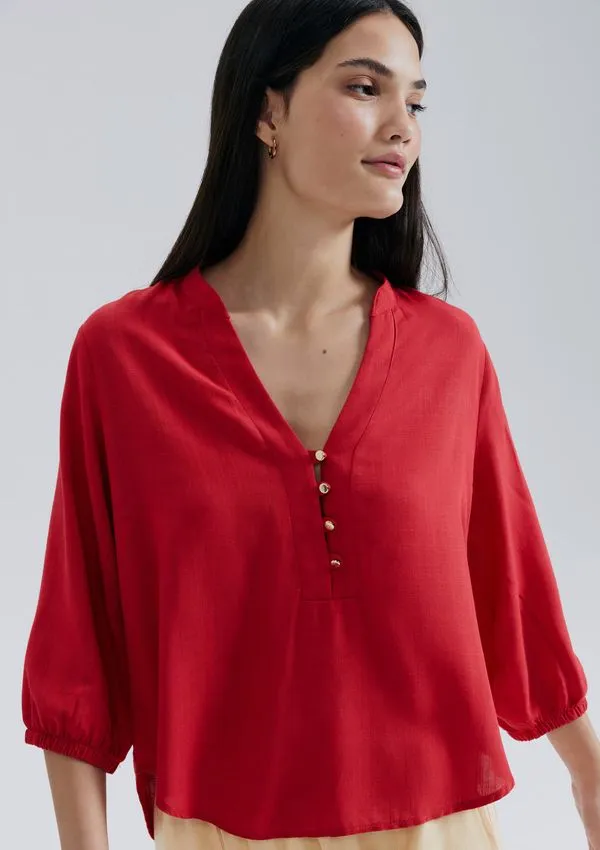 Blusa Básica Feminina Manga 7/8 Bufante - Vermelho M