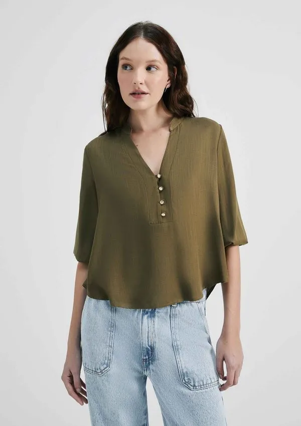 Blusa Básica Feminina Manga 7/8 Bufante - Verde XP