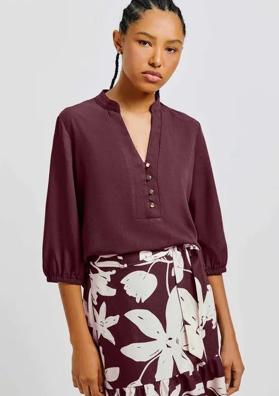 Blusa Básica Feminina Manga 7/8 Bufante - Vinho G
